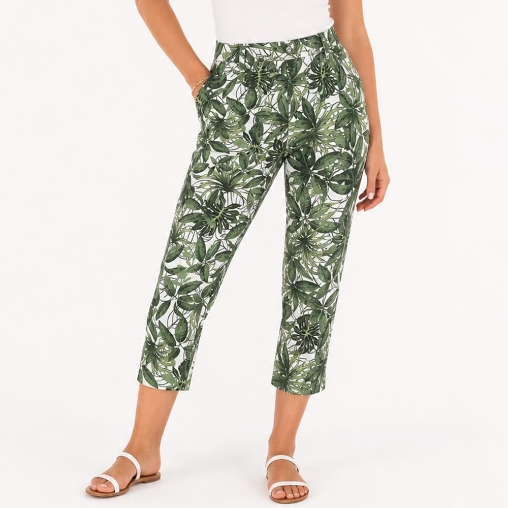 Denim & Co Green White Tropical Leaf Print Cropped Pants Womens Size M